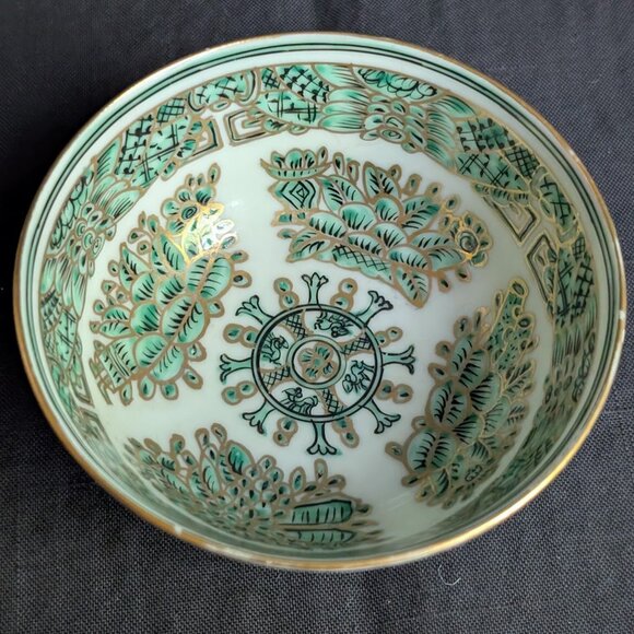 1 Green & Gold Fitzhugh Porcelain Bowl Dish Chinoiserie Preppy Grand Millennial - Picture 2 of 16